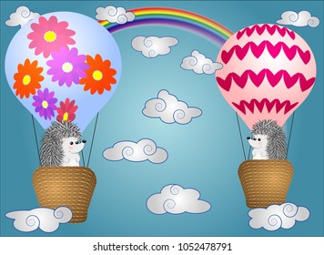 Lovely little hedgehogs fly into cartoons, large bulky balloons in the sky amidst white clouds and a rainbow. Flying, happiness, freedom