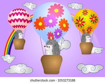 Lovely little hedgehogs fly into cartoons, large bulky balloons in the sky amidst white clouds and a rainbow. Flying, happiness, freedom