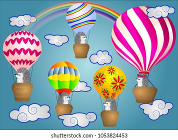 Lovely little hedgehogs fly into cartoons, large bulky balloons in the sky amidst white clouds and a rainbow. Flying, happiness, freedom