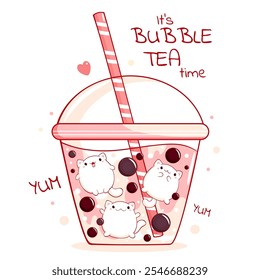 Lovely little kitty in bubble tea cup. Baby card  in kawaii style with cute little pets in Boba Tea cup. Childish print with funny cat for t-shirt  print, stickers, greeting card design. Vector EPS8