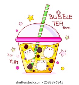 Lovely little kitty in bubble tea cup. Baby card  in kawaii style with cute little pets in Boba Tea cup. Childish print with funny cat for t-shirt  print, stickers, greeting card design. Vector EPS8