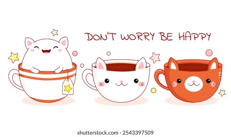 Pequeño gatito encantador en taza. Tarjeta del bebé con las pequeñas mascotas lindas en taza en estilo kawaii. Impresión infantil con gato divertido para la impresión de la camiseta, pegatinas, diseño de la tarjeta de felicitación. Ilustración vectorial EPS8