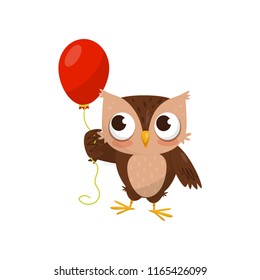 Lovely little owlet standing with red ballooon, cute bird cartoon character vector Illustration on a white background