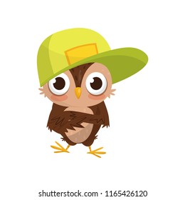 Lovely little owlet wearing baseball cap, cute bird cartoon character vector Illustration on a white background
