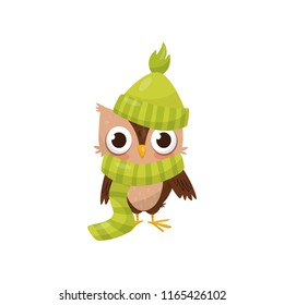 Lovely little owlet wearing green knitted hat and scarf, cute bird cartoon character vector Illustration on a white background