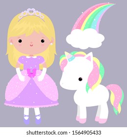 Lovely little princess set. Fabulous magical unicorn. Magic rainbow with stars. A set of children's fairy-tale stickers for decorating a diary, wallpaper, design cards and scrapbooking.