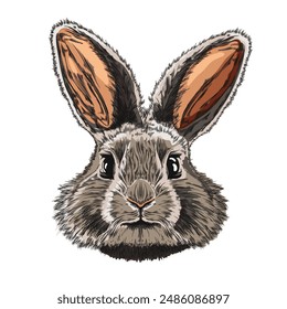 Lovely little rabbit hand drawn icon. Cute hare, bunny with long ears. Color sketch drawing. Vector illustration of adorable wild animal, pet character isolated on white. Easter symbol