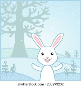 Lovely little rabbit on a winter glade. Vector illustration.
