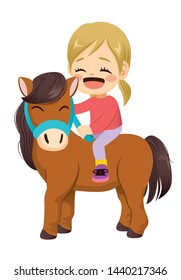 Lovely little smiling girl riding pet horse