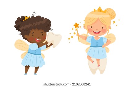 Lovely little Tooth Fairy in golden crowns with baby tooth set cartoon vector illustration