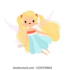 Lovely Little Winged Fairy with Blonde Long Hair, Beautiful Flying Girl Character in Fairy Costume with Magic Wand Vector Illustration