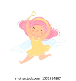 Lovely Little Winged Fairy with Pink Hair, Beautiful Girl Character in Fairy Costume with Magic Wand Vector Illustration