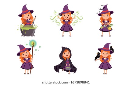 Lovely Little Witch Cartoon Character Collection, Cute Red Haired Girl in Purple Dress and Hat Vector Illustration