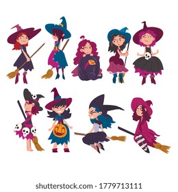 Lovely Little Witches Collection, Cute Girls Wearing Purple Dress and Hat with Brooms, Halloween Cartoon Characters Vector Illustration