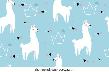 Lovely llamas, cute hipster pattern for children's cloth with lamas and crowns. Linear style, cartoon character llama.