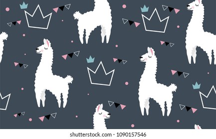 Llamas encantadoras, adorable hipster para el paño infantil con lamas y coronas en un fondo gris. Estilo lineal, llama de caricatura.