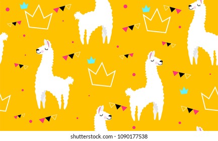 Llamas encantadoras, adorable hipster para el paño infantil con lamas y coronas sobre fondo amarillo. El estilo lineal, el personaje de caricatura llama.