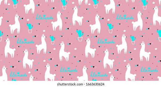 Lovely llamas, cute hipster pattern for children's cloth with lamas and crowns. Linear style, cartoon character llama , alpacas and cactus illustrations.