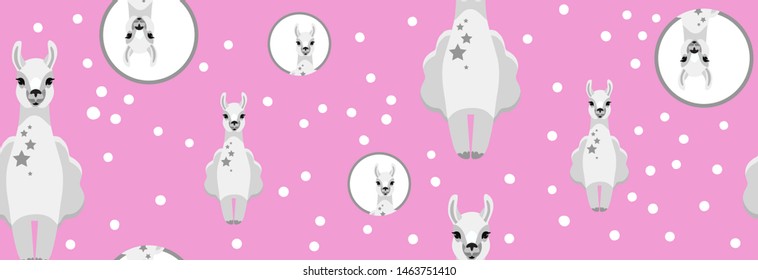Lovely llamas, cute hipster pink pattern for children's cloth with lamas and dots. Linear style, cartoon character llama pink background.