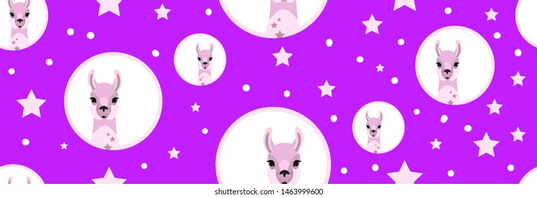 Lovely llamas, cute hipster pink pattern for children's cloth with lamas and dots. Linear style, cartoon character llama purple background.