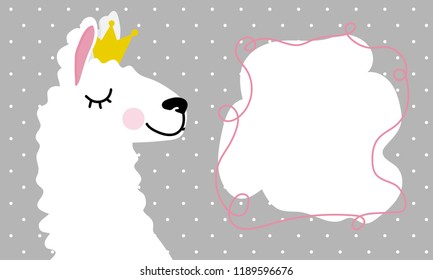 Lovely llamas, cute princess print for children's Invitation birthday template with lamas in crowns. Doodle style, cartoon character llama with bubble for text.