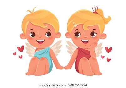 Lovely love cupids. Angel boy and girl.Two cute little kids.Romantic vector characters.