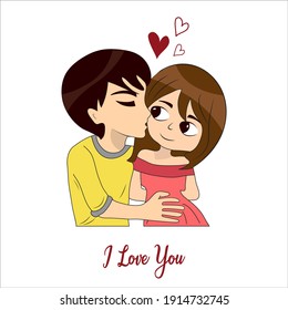 Lovely Love Romantic Cute Sweet Young Teen Girlfriend Boyfriend couple cartoon handdrawn illustration vector design. Boy Kissing Girl illustration with I Love You Typography for Valentines Day.