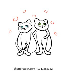 Lovely, loving cats. Tail, heart. Vector illustration.