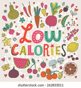 Lovely low calories concept card in vector. Tasty pear, cherry, pomegranate, orange, mango, watermelon, lemon, apple, red currant, raspberry, fig, blueberry and carambola in funny cartoon style