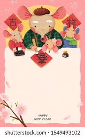 Lovely lunar year illustration with copy space, grandpa rat writing calligraphy with spring, fortune and auspicious written in Chines words on spring couplet