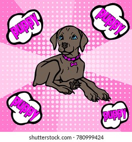 Lovely lying brown Doberman puppy and the inscription Puppy in bubbles. Pop art retro comic vector illustration isolated on a pink background with dots.