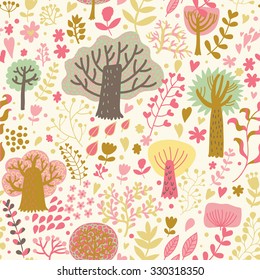 Lovely magic forest in cartoon style. Seamless pattern can be used for wallpaper, pattern fills, web page background,surface textures. Gorgeous seamless floral background