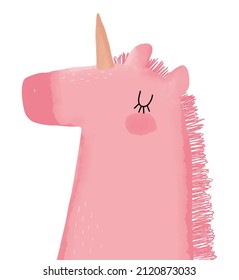 Lovely Magic Party Vector Illustration with Cute Hand Drawn Unicorn. Lovely Nursery Art with Funny Pink Unicorn Isolated on a White Background ideal for Card, Poster, Wall Art, Kids Room Decoration.