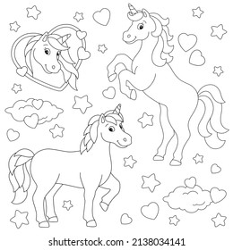 Lovely magical unicorns in love. Coloring book page for kids. Cartoon style character. Vector illustration isolated on white background.