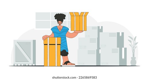 Lovely man holding boxes. A depiction of the transportation of packages and freight