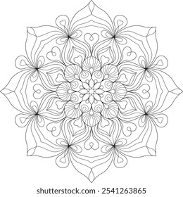 Lovely mandala. Black beautiful curve line art on white background, For adult outline colouring book page, prints, stickers, meditation, t-shirt, creative art design. Vector illustration.