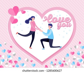Lovely marriage proposal, Banner for Valentine's day, Young couple in love with heart background. greeting card, wedding backdrop, banner. Vector illustration in modern flat style.