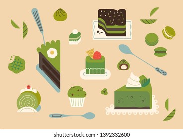 Lovely matcha green powder tea based recipe desserts flat design illustration with cakes, cookies, biscuits and other sweets