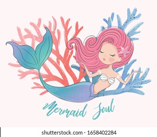 Lovely mermaid with colorful corals vector illustration, mermaid soul, kids fashion artworks, greeting cards, children prints.