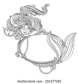 Lovely mermaid with flowing long hair holding a big mirror outlined
