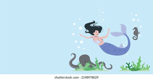 Lovely mermaid with little seahorse and octopus vector illustration. Mermaid swimming under the deep waters of the ocean. Fantasy woman real mermaid myth goddess of sea.