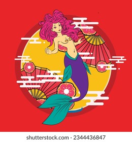 Lovely mermaid with little turtle, vector illustration, children artworks, wallpapers, posters, greeting cards prints.