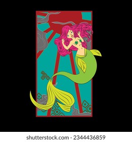 Lovely mermaid with little turtle, vector illustration, children artworks, wallpapers, posters, greeting cards prints.