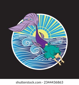 Lovely mermaid with little turtle, vector illustration, children artworks, wallpapers, posters, greeting cards prints.