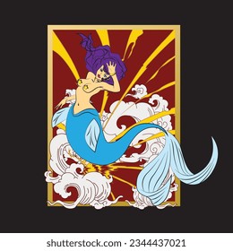 Lovely mermaid with little turtle, vector illustration, children artworks, wallpapers, posters, greeting cards prints.