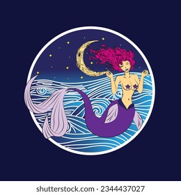 Lovely mermaid with little turtle, vector illustration, children artworks, wallpapers, posters, greeting cards prints.
