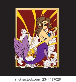 Lovely mermaid with little turtle, vector illustration, children artworks, wallpapers, posters, greeting cards prints.