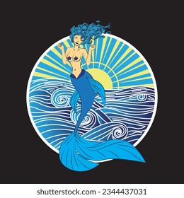 Lovely mermaid with little turtle, vector illustration, children artworks, wallpapers, posters, greeting cards prints.