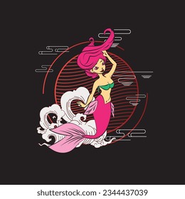 Lovely mermaid with little turtle, vector illustration, children artworks, wallpapers, posters, greeting cards prints.