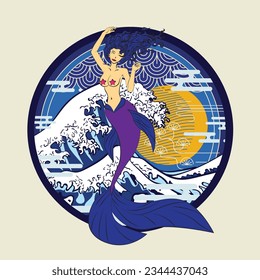 Lovely mermaid with little turtle, vector illustration, children artworks, wallpapers, posters, greeting cards prints.